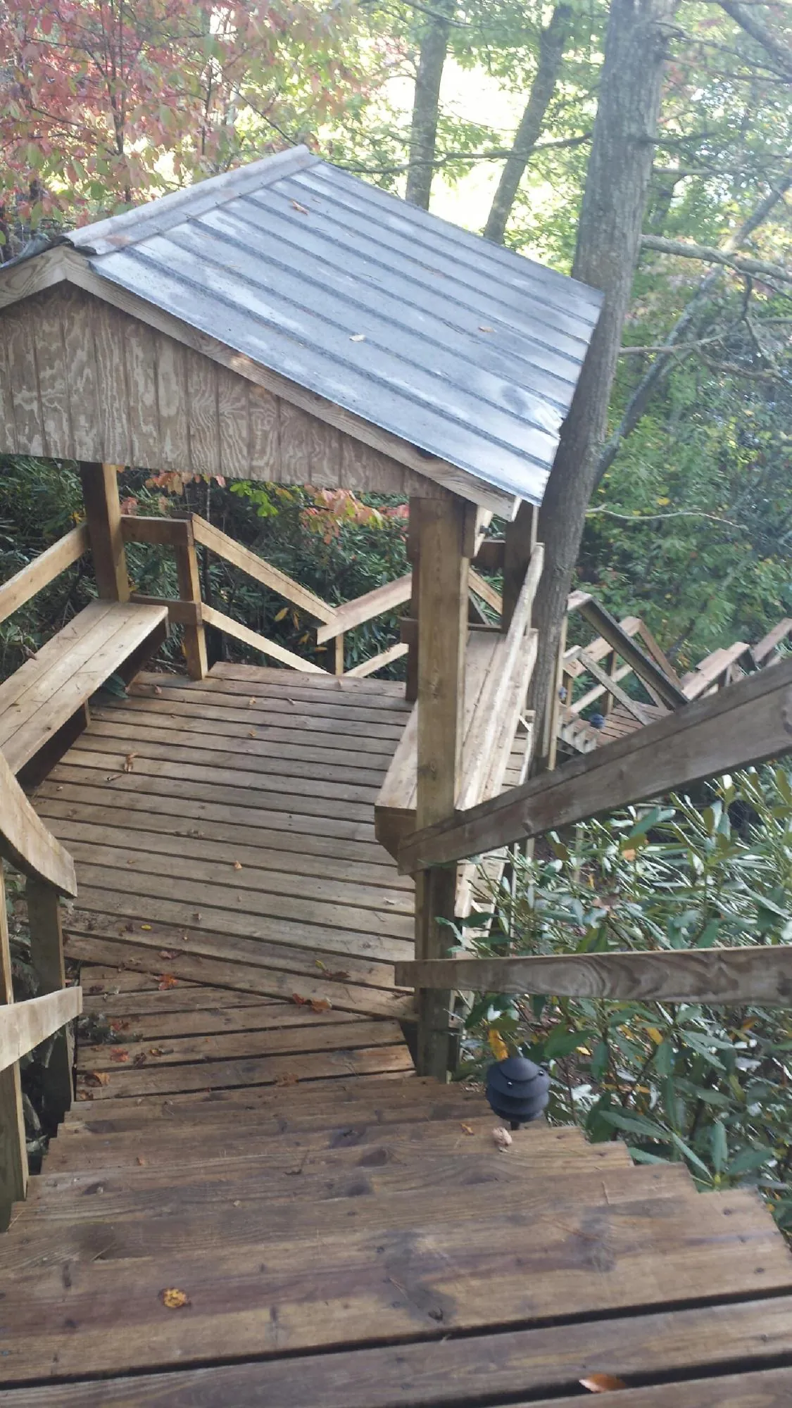 Metal roofed shelter over wooden steps on a wooded walkway — Skylight Repair & Installation work by our crew in Herman